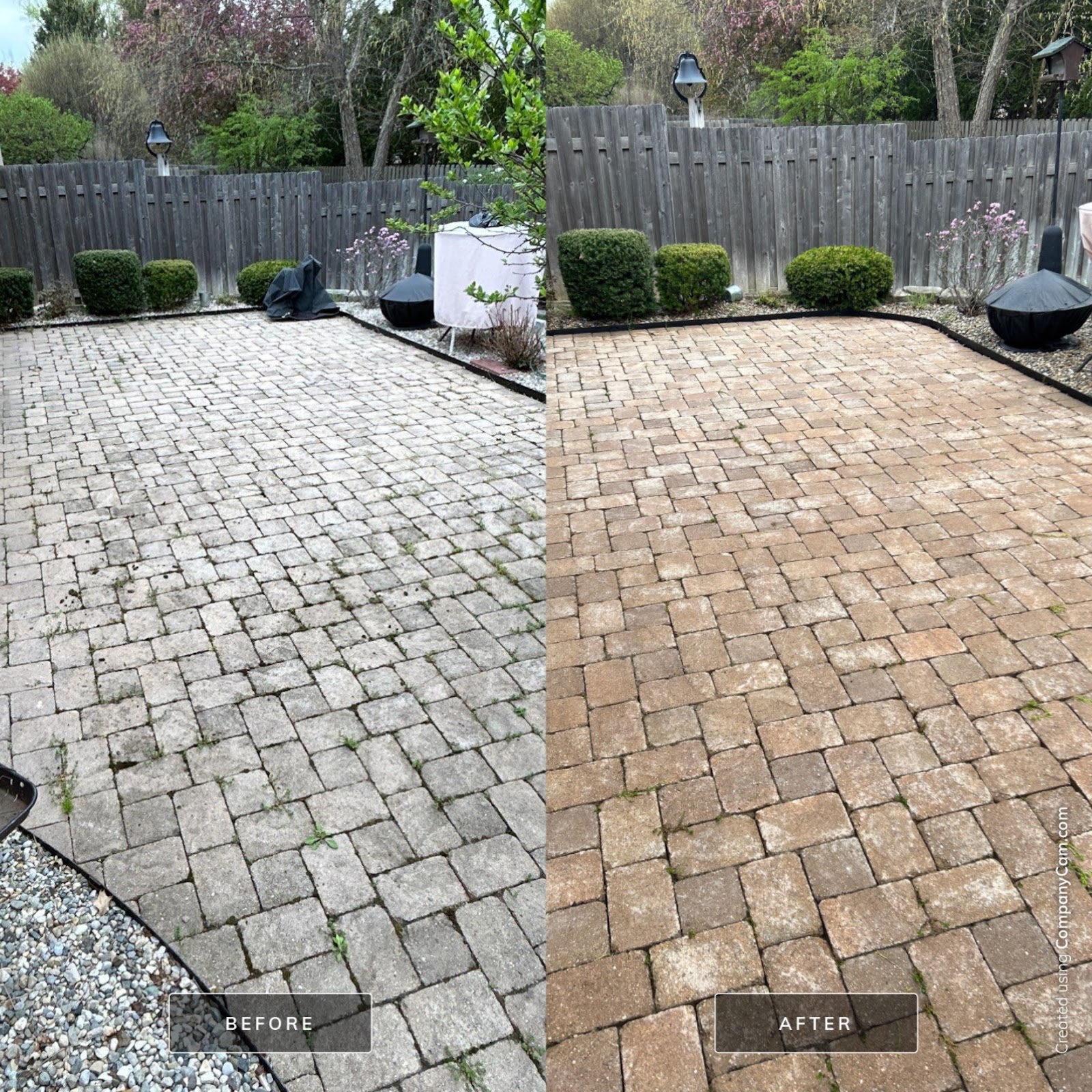Before and after patio paver cleaning in Champaign County — algae-covered pavers restored to original color