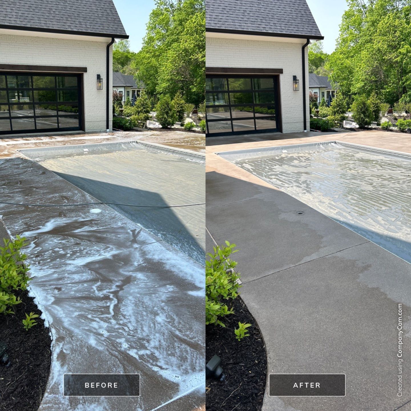 Before and after driveway pressure washing in Champaign County — oil stains and algae removed from concrete slab