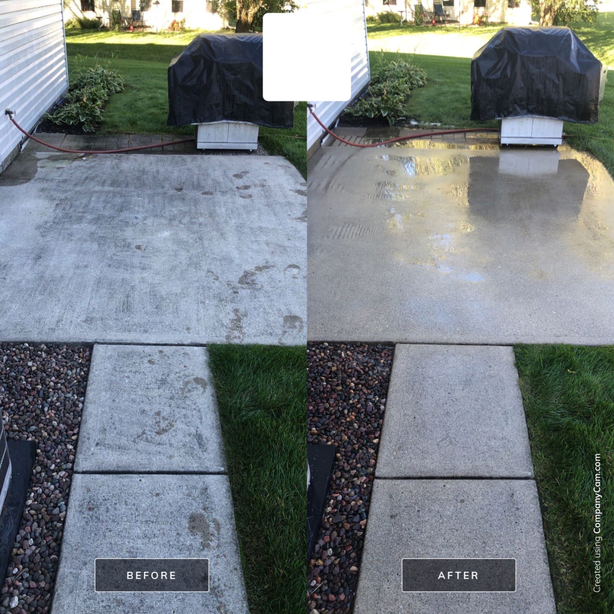 Before and after concrete surface cleaning in Champaign County — backyard slab with patio furniture, before and after