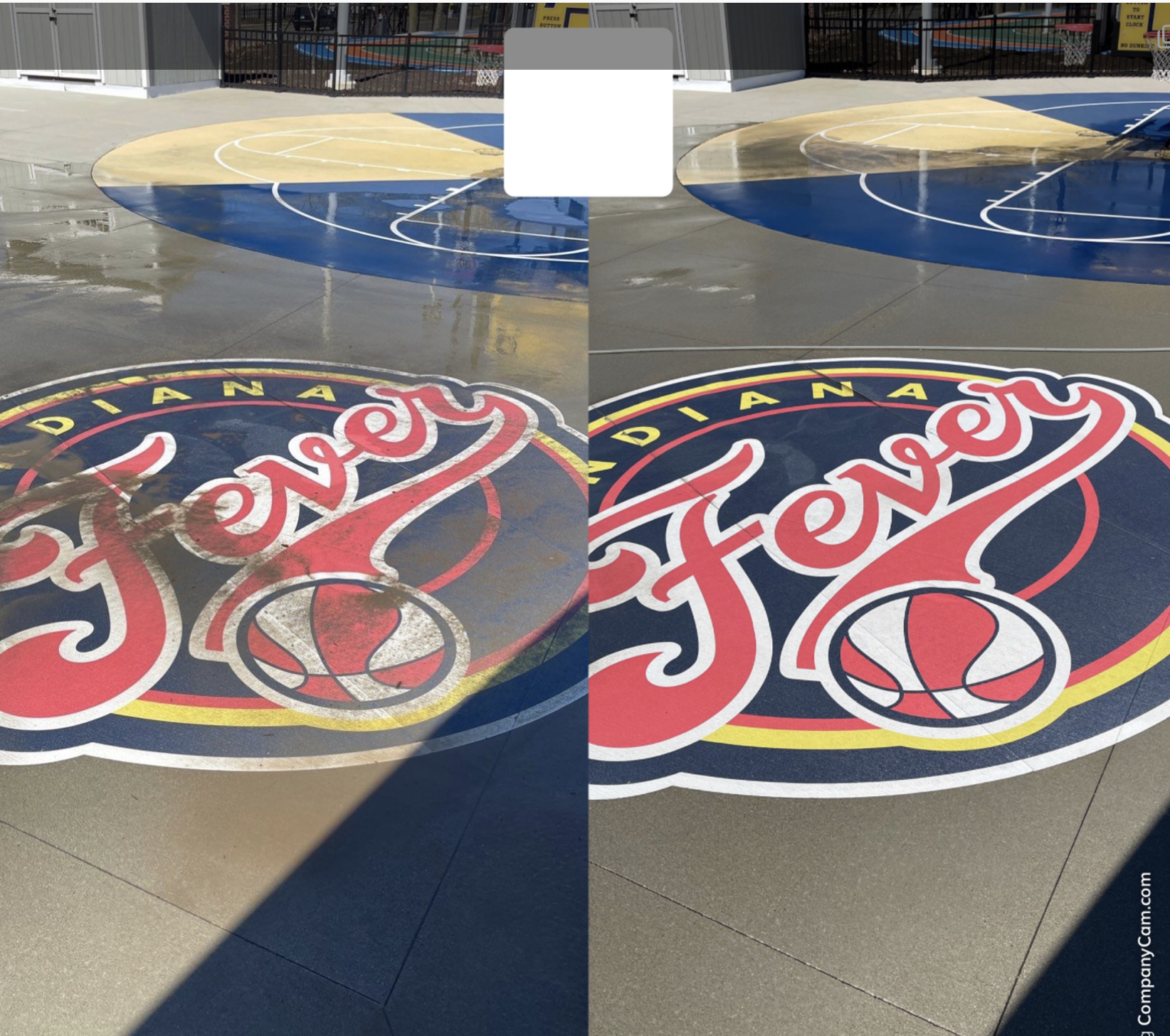 Commercial pressure washing of an outdoor basketball court in Champaign County — before and after logo restoration