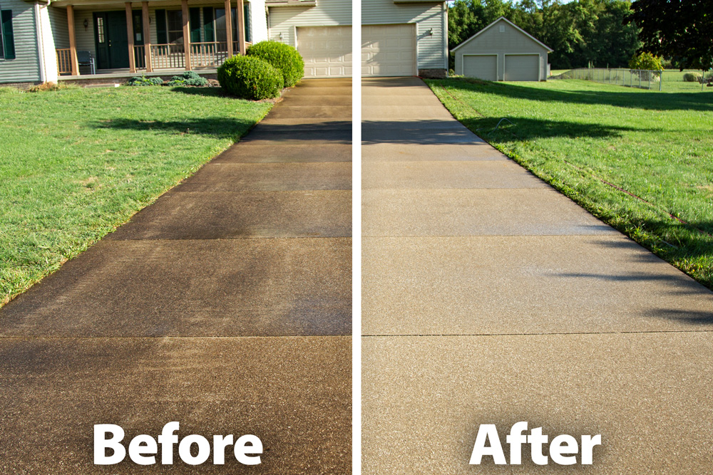 Driveway before and after pressure washing — concrete restored from heavily stained to clean surface